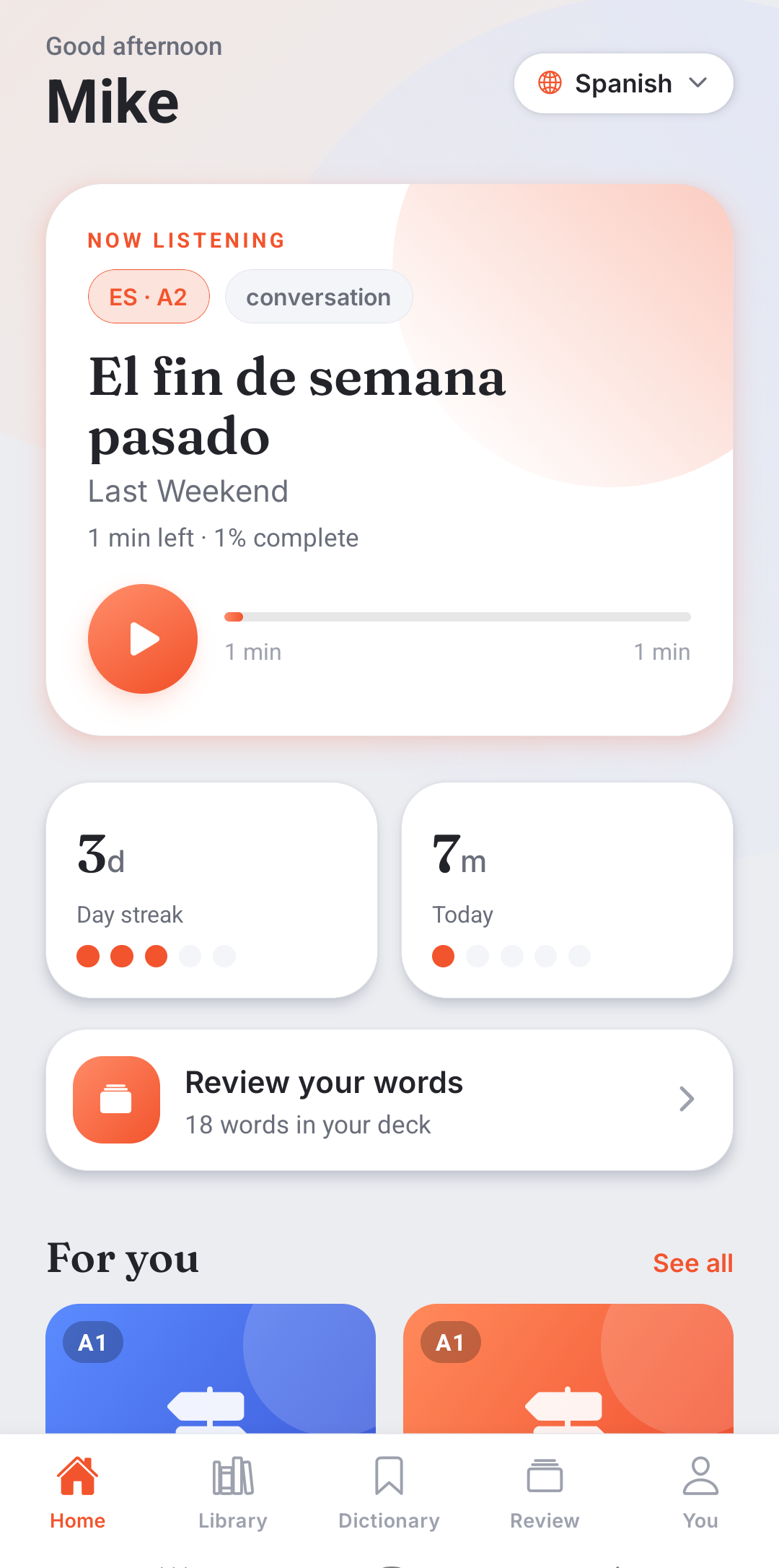 Attunly home screen showing a story now playing, a daily streak, and recommended stories.