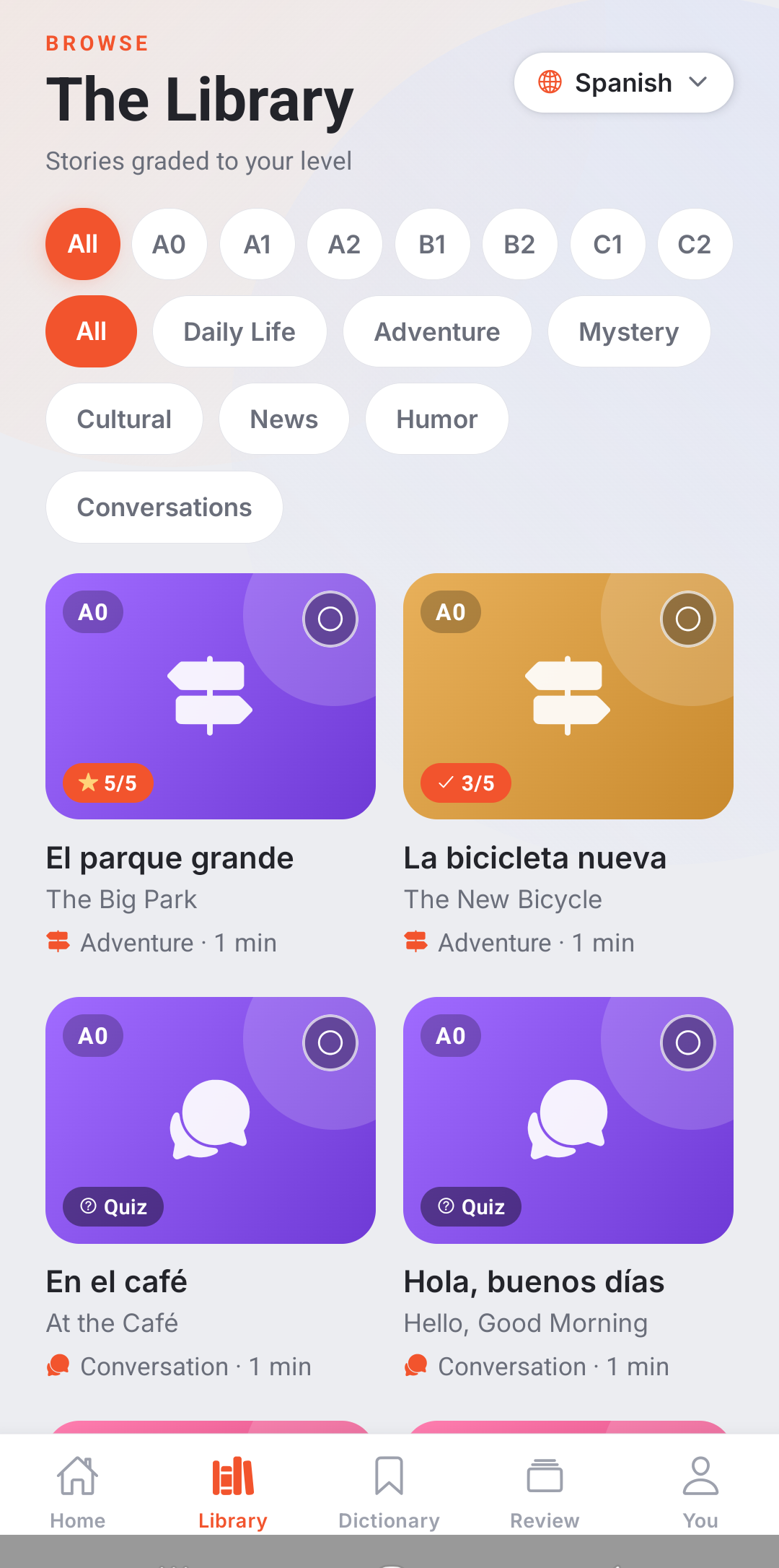 Attunly library of stories organized by language and level.