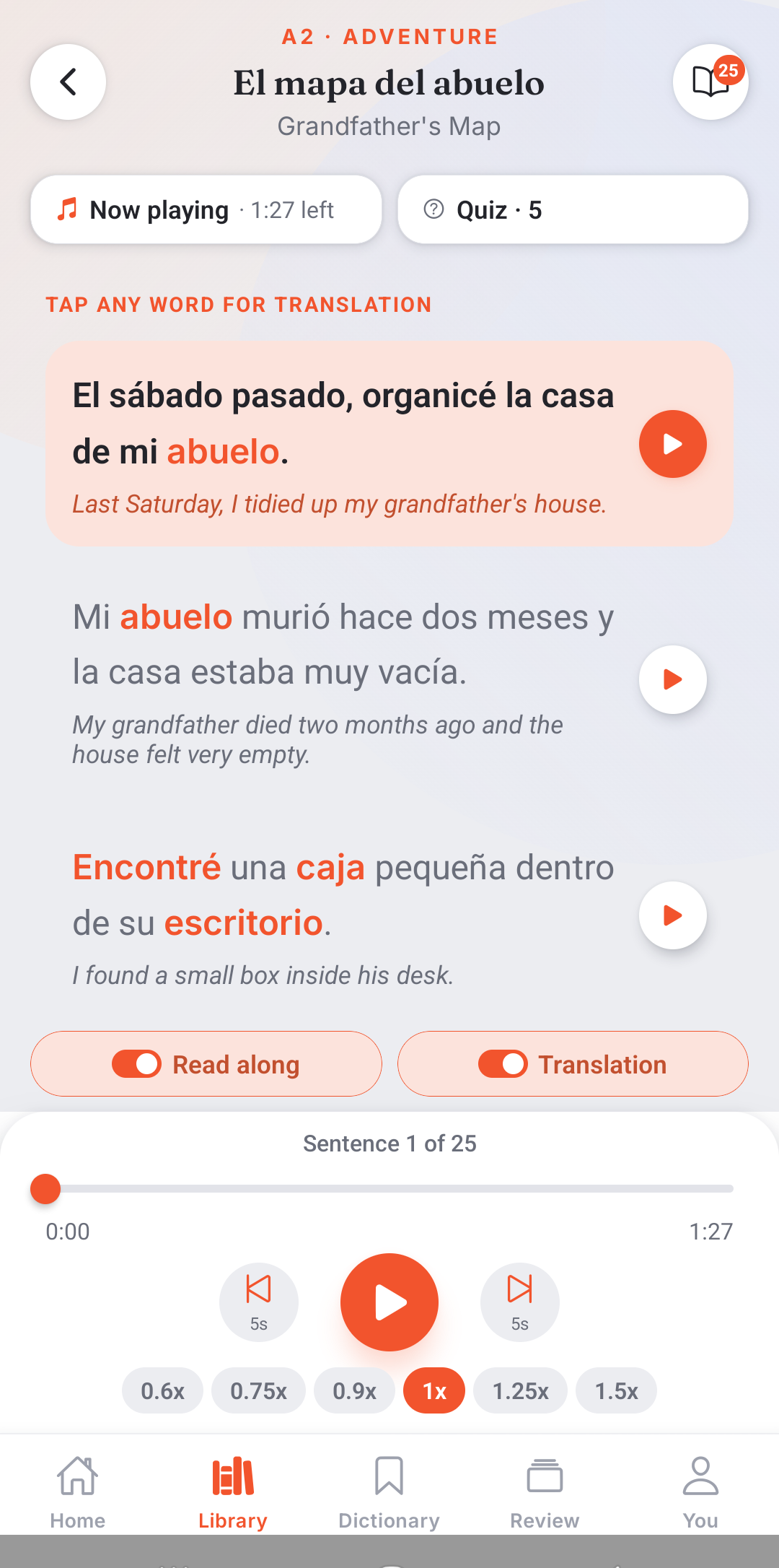Attunly player with the story text shown so you can read along with the audio.