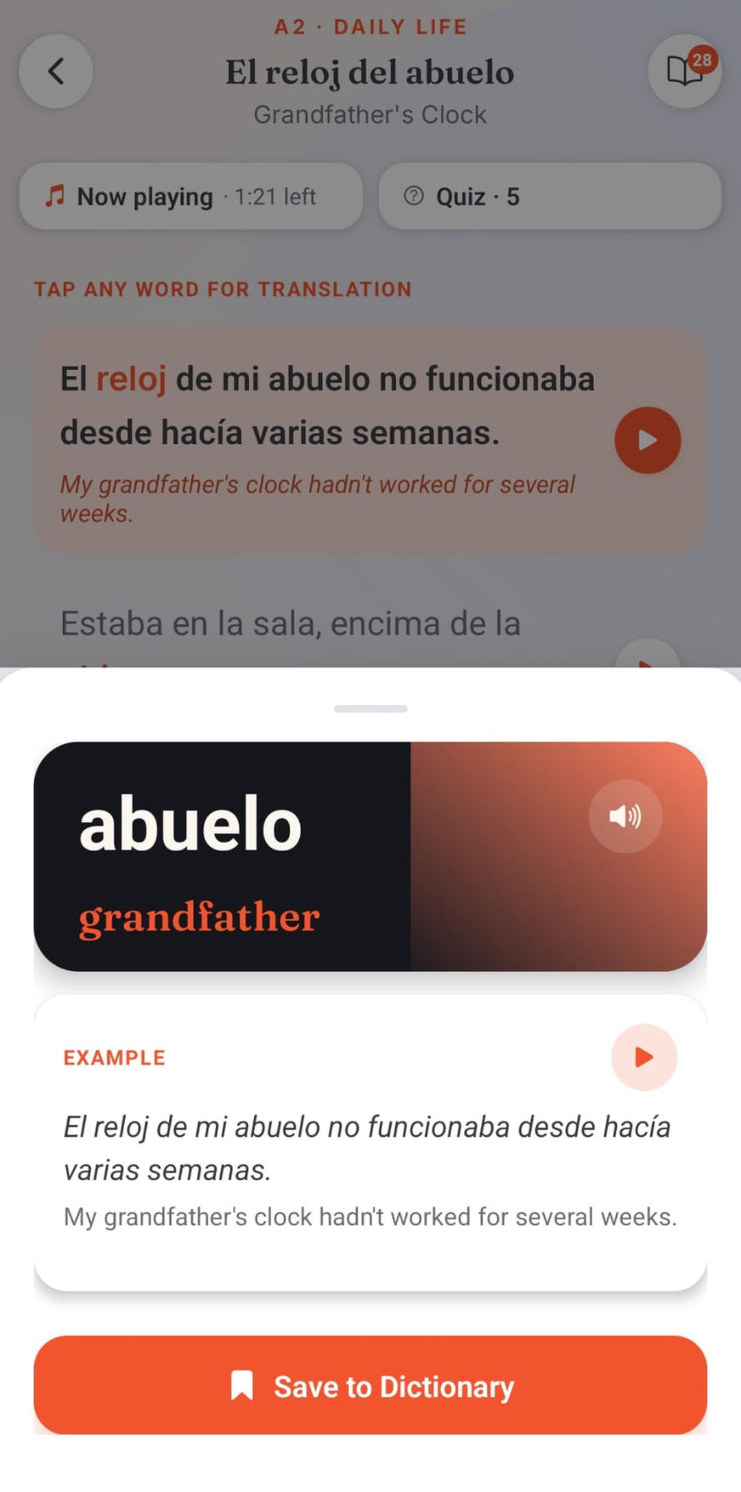 Attunly showing a tapped word with its meaning, translation, and a speaker to hear it.