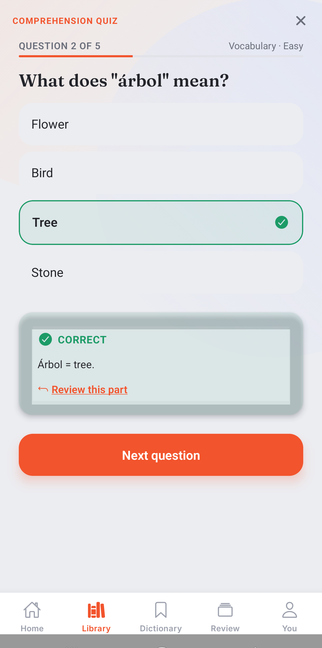 Attunly quiz screen checking a saved word.