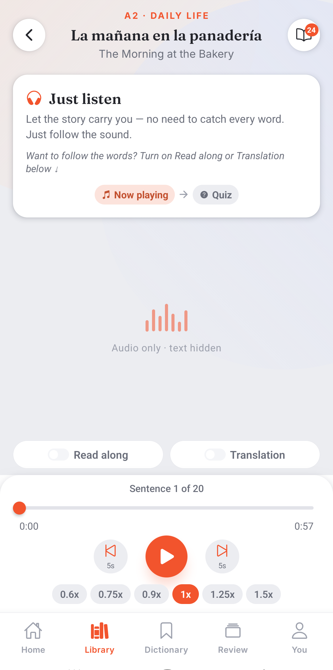 Attunly listening screen with large playback controls and the story audio playing.