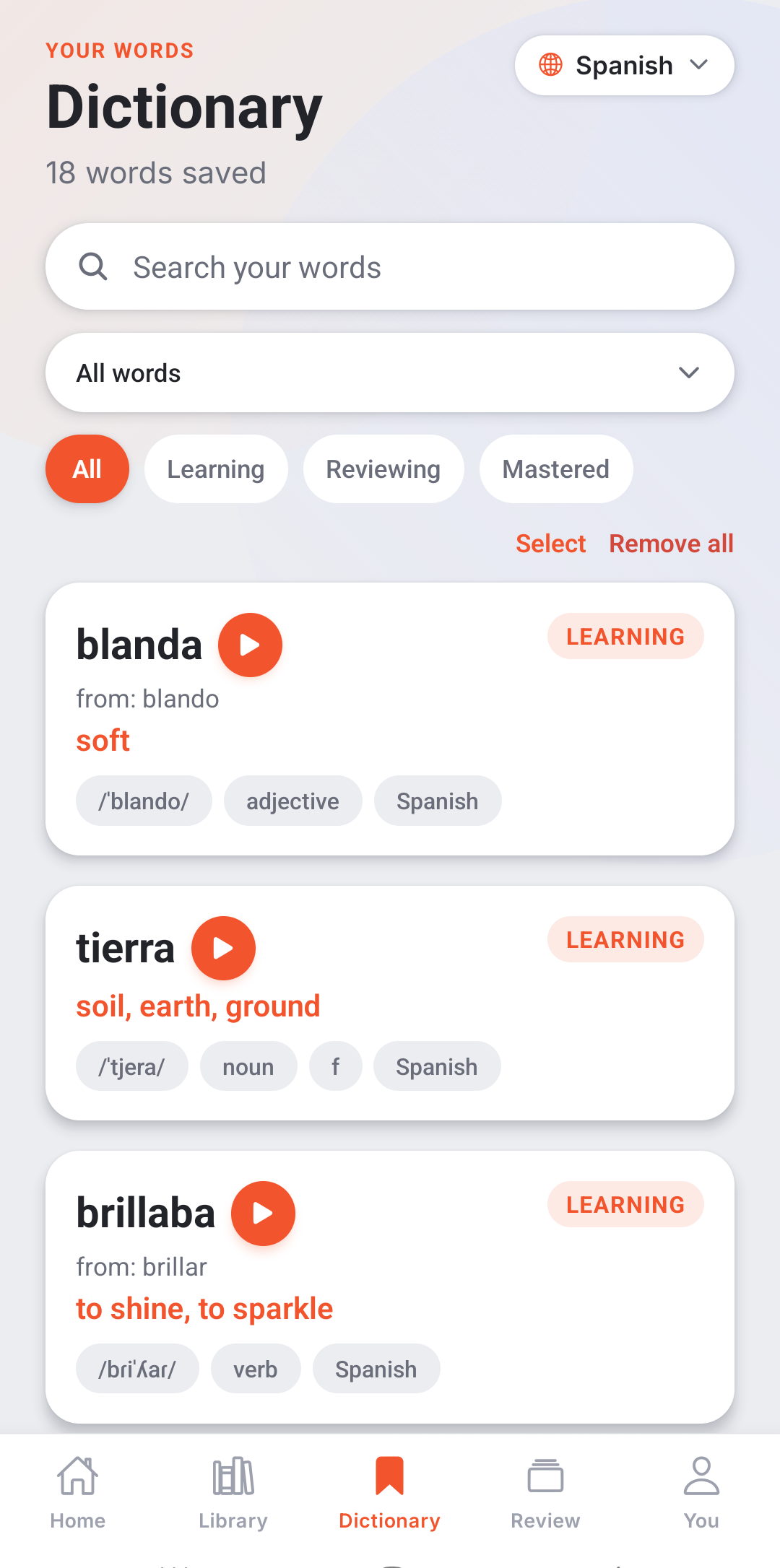 Attunly personal dictionary of saved words.