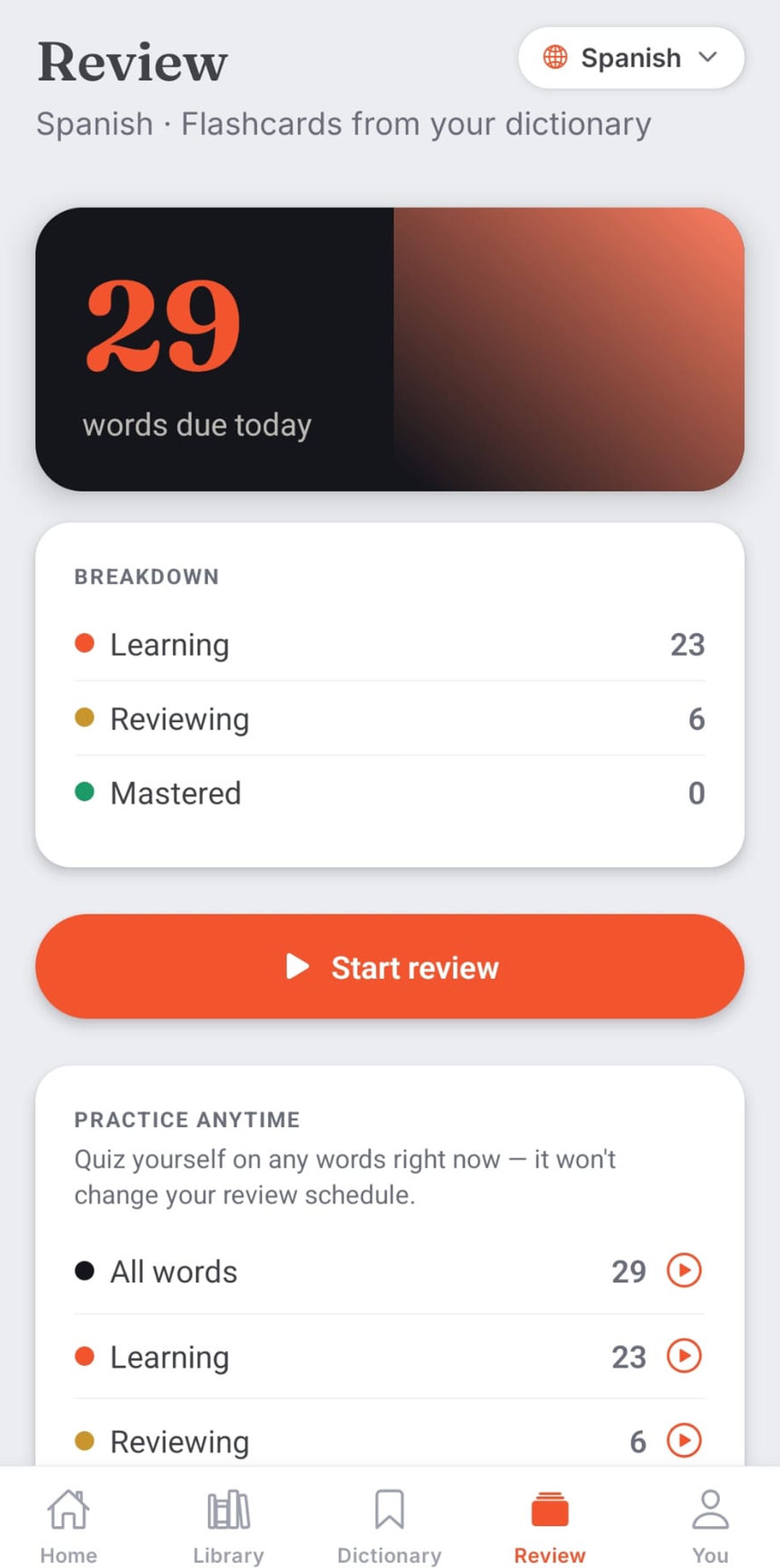 Attunly review screen showing words due today on a spaced-repetition schedule.